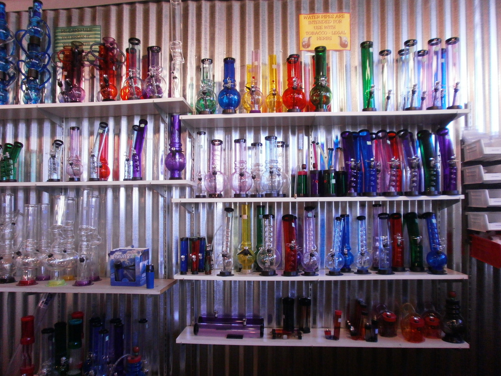 Shelf of Bongs in a Smoke Shop
