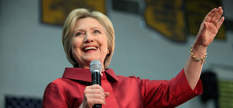 Hillary Rodham Clinton smiling at a campaign rally in March, 2016.