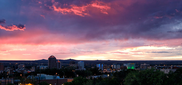 Sunset over the skyline of Albuquerque, New Mexico.