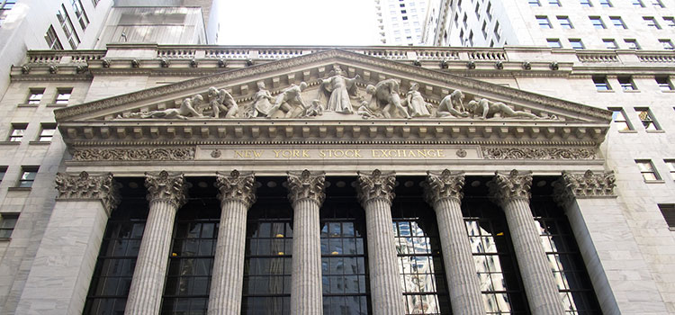 The front steps of the New York Stock Exchange in New York City, New York.