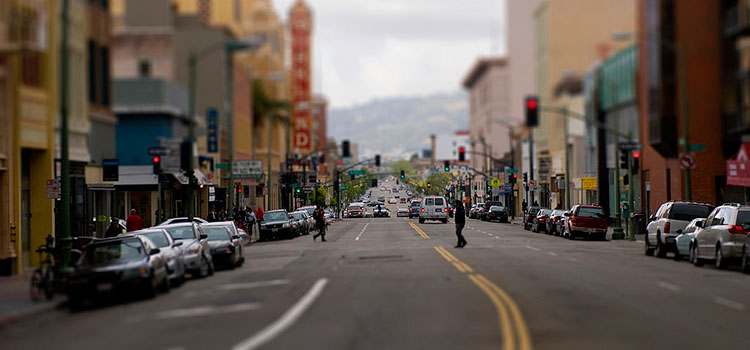 View down an Oakland city street.