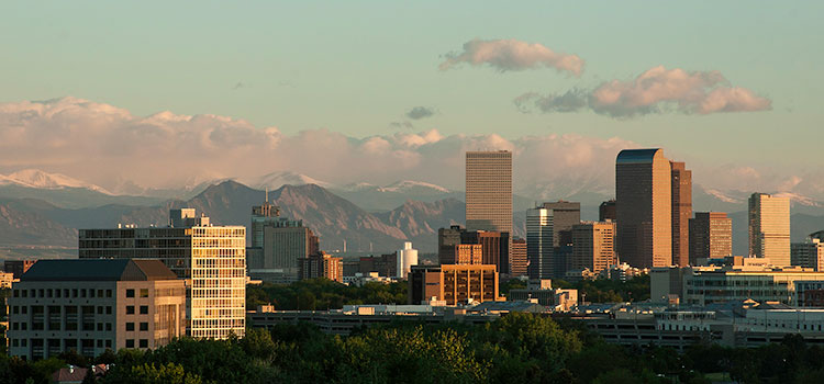 The sun rising over Denver, Colorado.