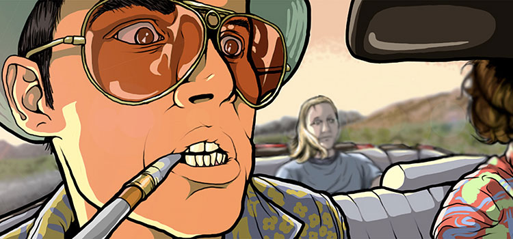 Cartoon depiction of a famous scene from Hunter S. Thompson's Fear and Loathing novel.