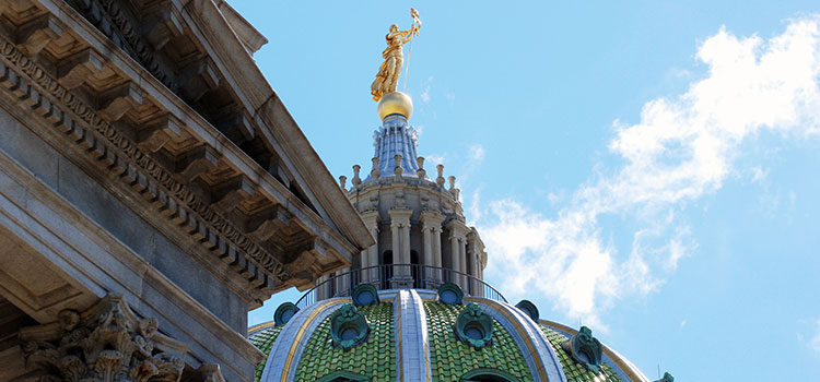 View of the statue on top of the Pennsylvania capitol building in Harrisburg.