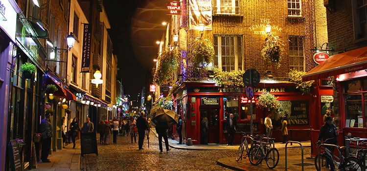 The Temple Bar district in Dublin, Ireland.