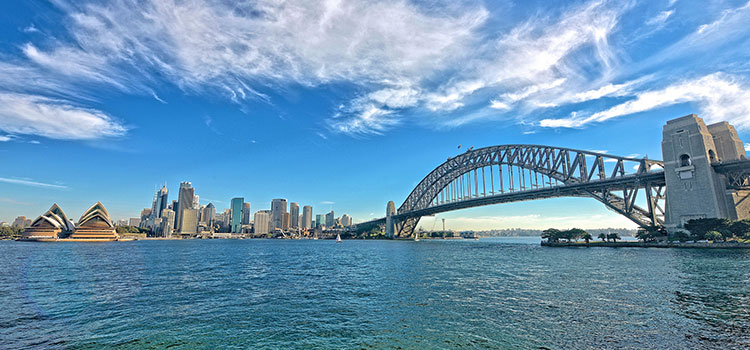 Wide-angle view of Sydney, Australia from the water.