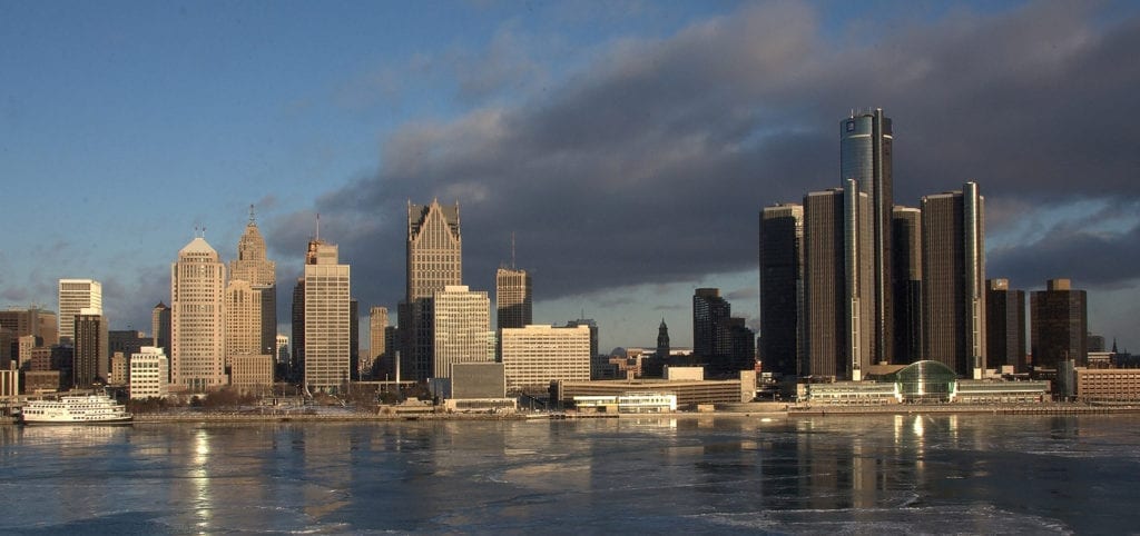 The city skyline of Detroit, Michigan.