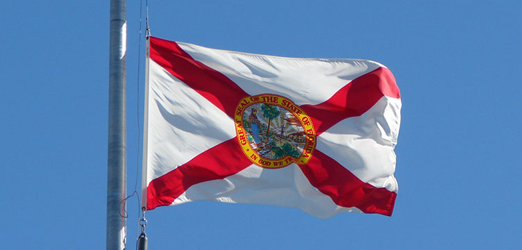 The state flag of Florida on a windy, blue-skied day.