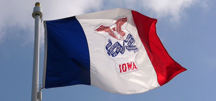 The state flag of Iowa flying on a sunny, blue-skied day.