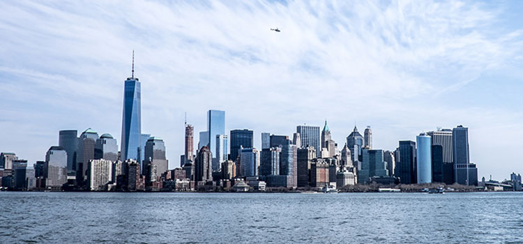 Boat's view of the New York City skyline.