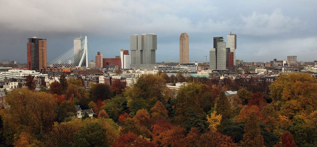 City skyline view of Rotterdam in The Netherlands.