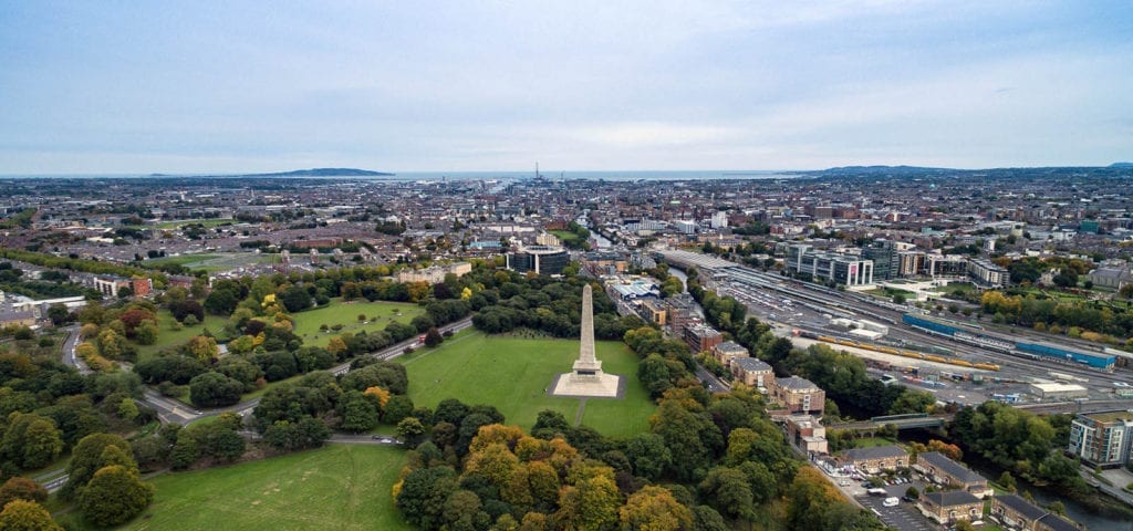 An electric drone's bird's eye view of Dublin, Ireland.