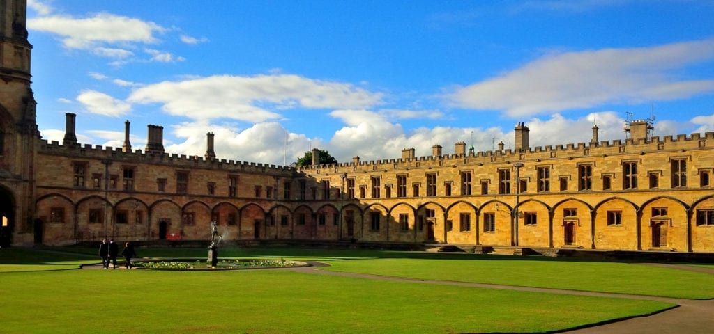 A sunny patio at Oxford University in Oxford, England.