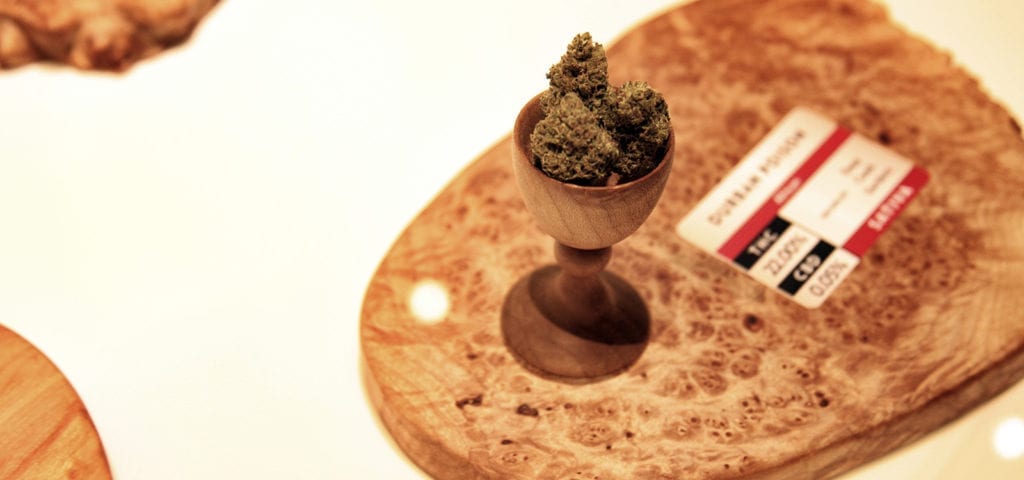 A cup of cannabis nugs is on display in the Chalice Farms dispensary in Portland, Oregon.