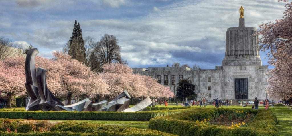 The Oregon Capitol Building and Capitol Mall in downtown Salem, Oregon.