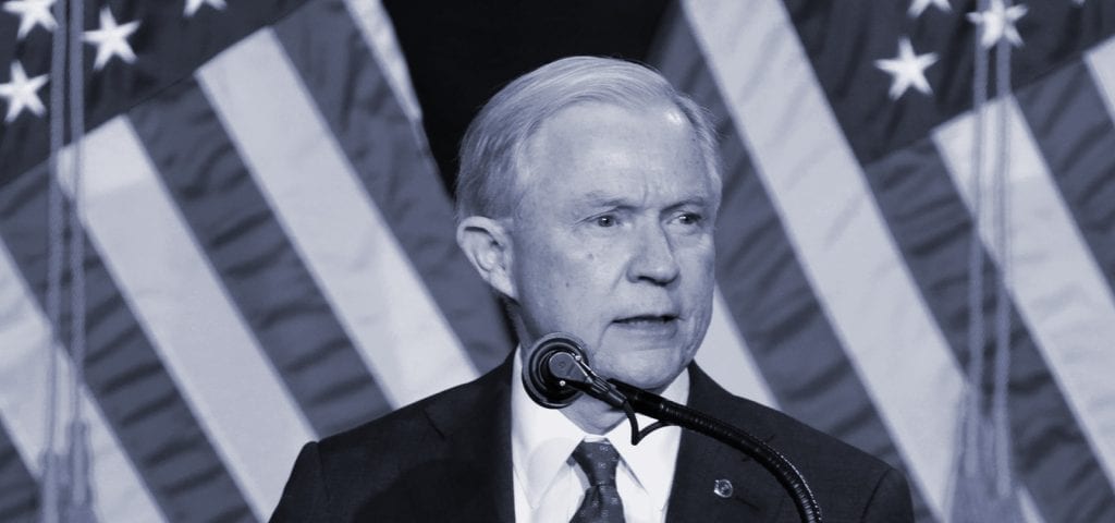 Attorney General Jeff Sessions speaking during a Trump rally in 2016.