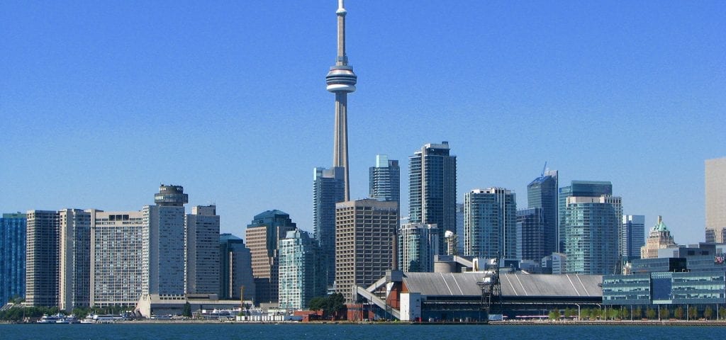 The city skyline of Toronto, Ontario in Canada.
