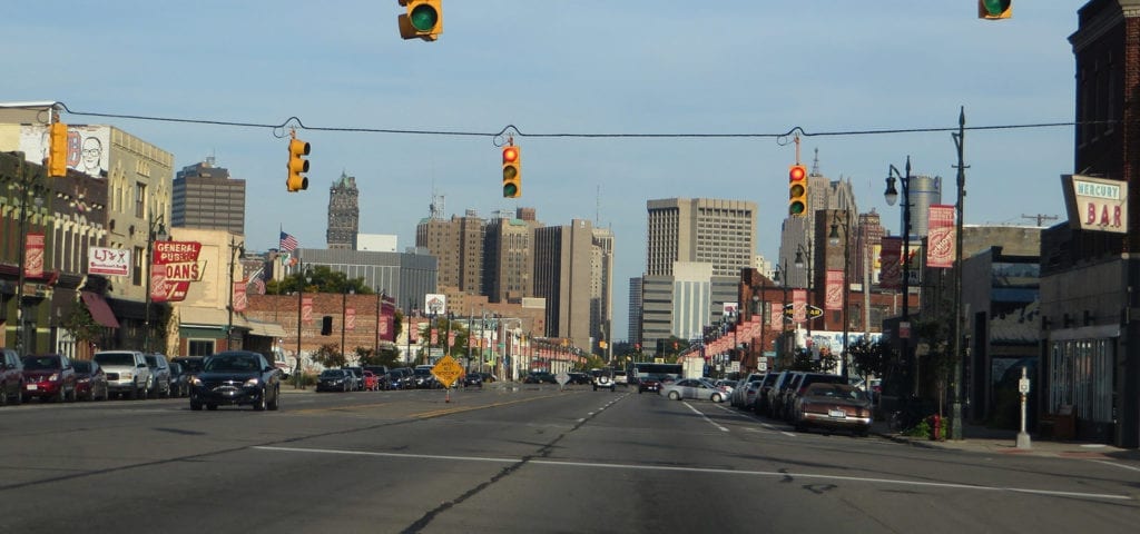 Looking down Michigan Avenue in the Corktown district of Detroit, Michigan.