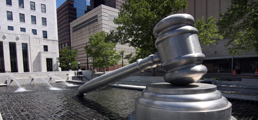 The giant gavel of justice at the Ohio Judicial Center in downtown Columbus, Ohio.