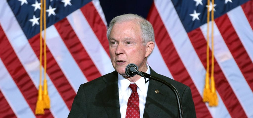 U.S. Attorney General Jeff Sessions speaks to a crowd of GOP supporters during a Trump rally in 2016.