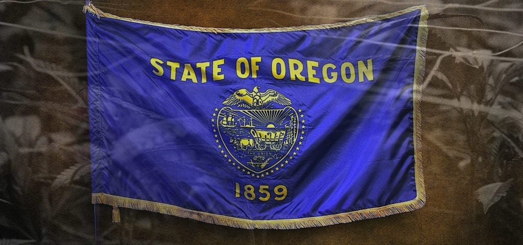 The Oregon state flag, a blue flag with the state's golden seal embroidered on it.