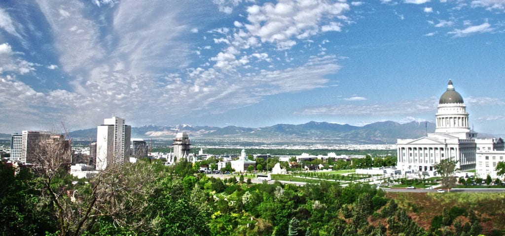 Skyline view of Salt Lake City, the capital city of Utah, with the State Capitol building on the right.