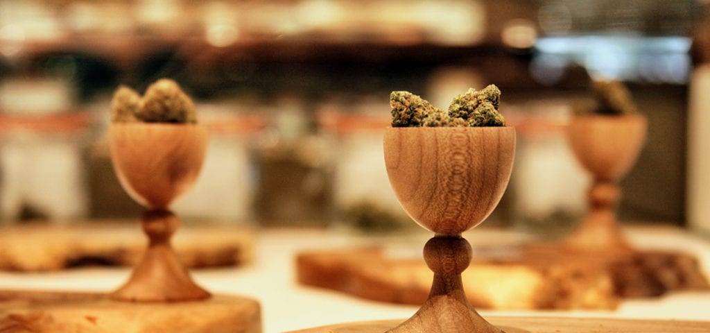 Cannabis flower on display inside of one of Chalice Farm's dispensary locations in Portland, Oregon.