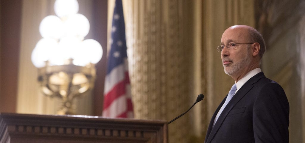 Governor Tom Wolf of Pennsylvania addresses a group during his 2017-2018 budget address.