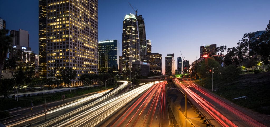 A nighttime time lapse of Highway 110 in downtown Los Angeles, California.