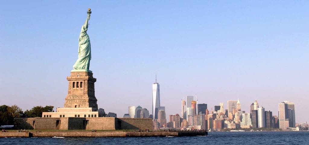 The Statue of Liberty, pictured in front of New York City's Manhattan Island.