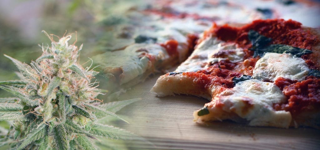 A slice of pizza with a large, indoor cannabis cola.