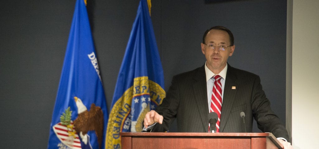 Deputy Attorney General Rod Rosenstein speaking at a memorial service hosted by the U.S. Marshals in May, 2017.