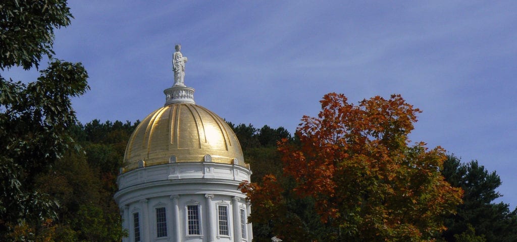 The golden dome on top of the Vermont Statehouse in Montpelier, Vermont.