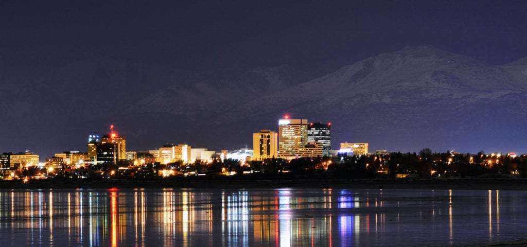 View of Anchorage, Alaska during the annual winter nighttime.