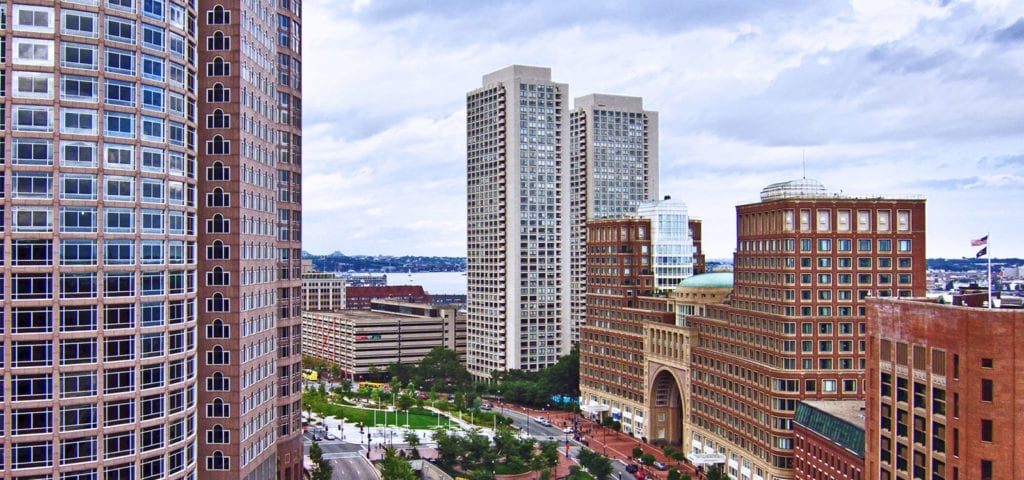 Skyline view of Boston, Massachusetts on a cloudy day.