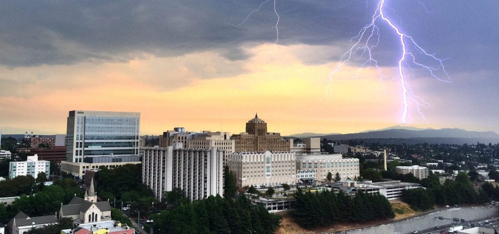 A rare thunderstorm over Harborview Medical Center in Seattle, Washington.