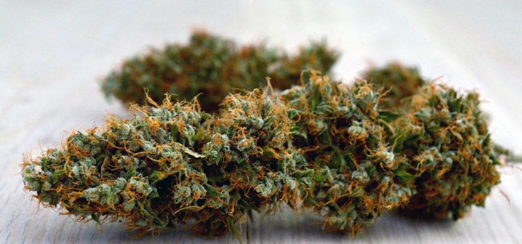 A large, trimmed cannabis nug lying sideways on a wooden surface.