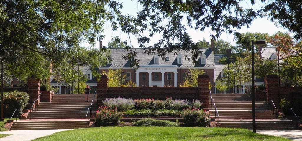 Washington Hall and Courtyard stands in the center of the University of Maryland campus dormitory section.