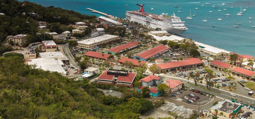 Aerial view of the port on St. Thomas Island in the U.S. Virgin Islands.