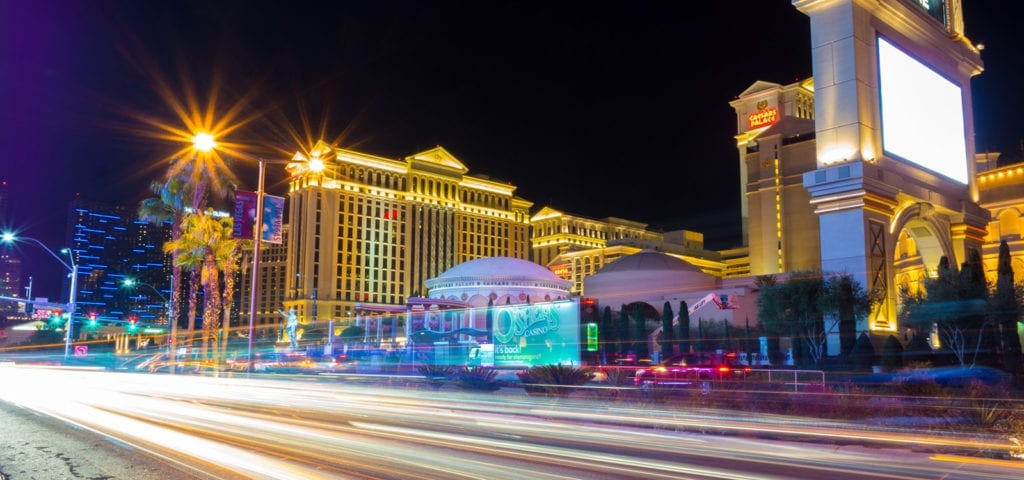 Time lapse photo of traffic on the Las Vegas strip.