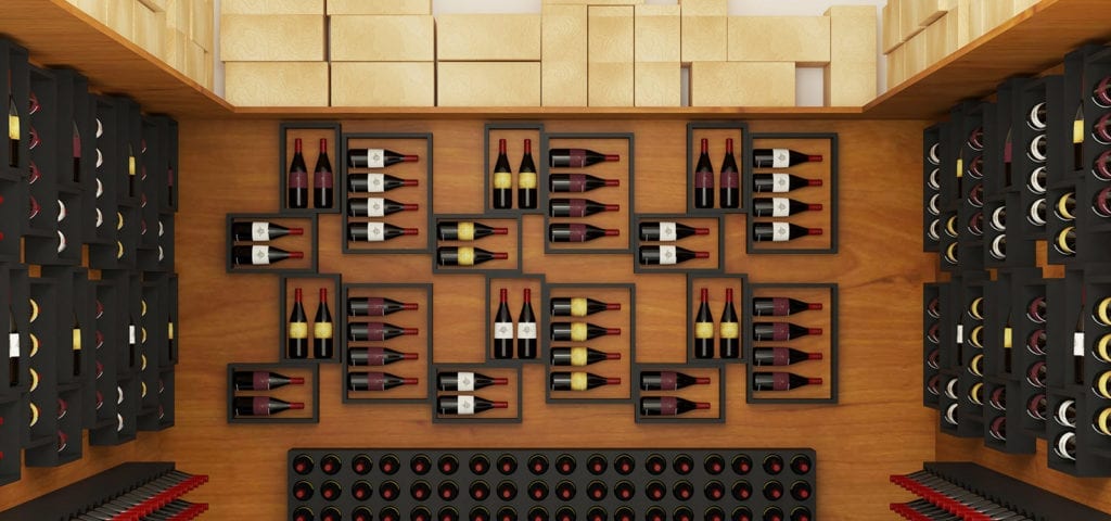 Digital image of a wine collection on display on the walls of a wooden room.