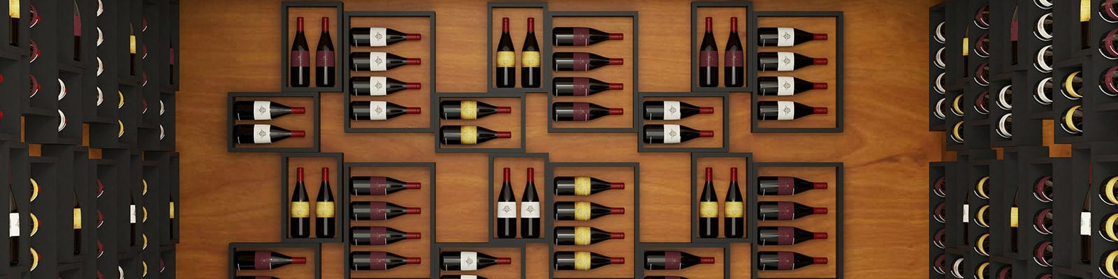 Digital image of a wine collection on display on the walls of a wooden room.