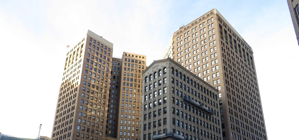 A cluster of buildings in downtown Detroit, Michigan.