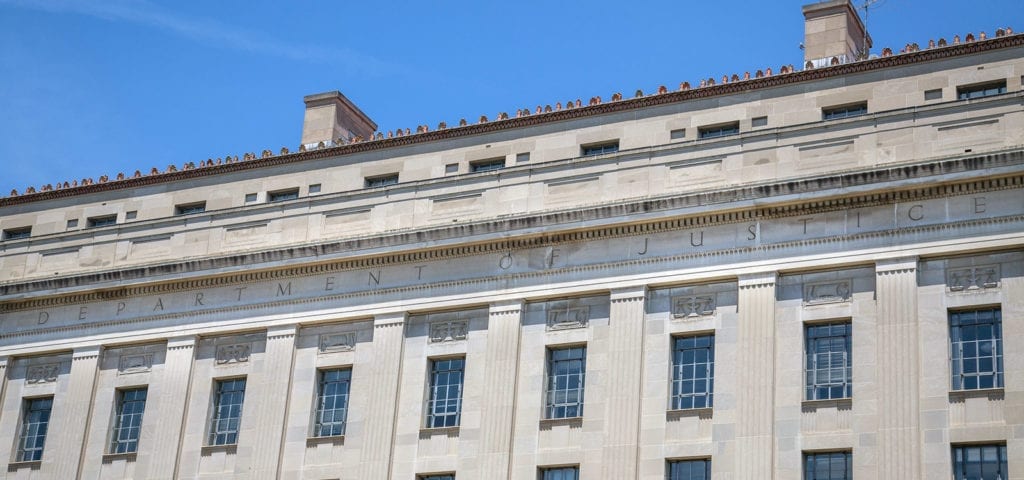 The Department of Justice building in the Penn Quarter of Washington D.C.