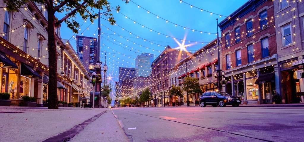 Larimer Square in downtown Denver at twilight.