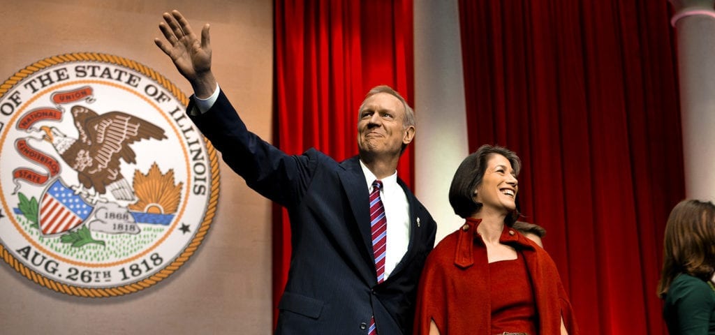 Bruce V. Rauner, governor-elect of Illinois, waves to the audience during his introduction at his inauguration ceremony in Springfield, Ill., Jan. 12, 2015. As Illinois' governor, Rauner will serve as the commander in chief for the Soldiers and Airmen of the Illinois National Guard while they are not under federal activation. (U.S. Air National Guard photo by Staff Sgt. Lealan Buehrer/Released)