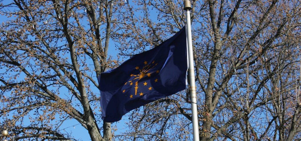 The Indiana state flag flying before a tree on a clear, winter day.