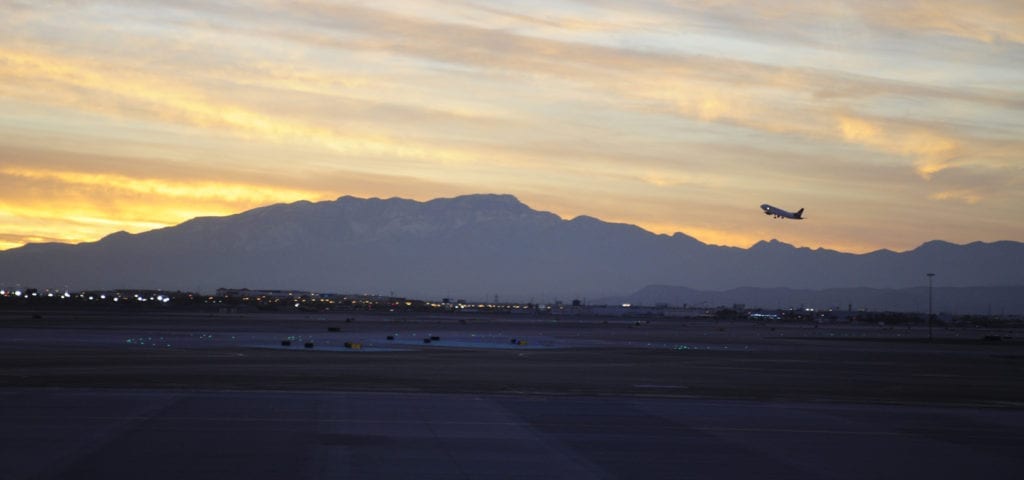 A commercial jet takes off from the Las Vegas International Airport in Las Vegas, Nevada.