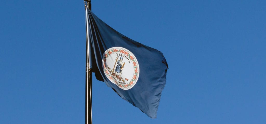 The Virginia state flag flying before a clear, blue sky.