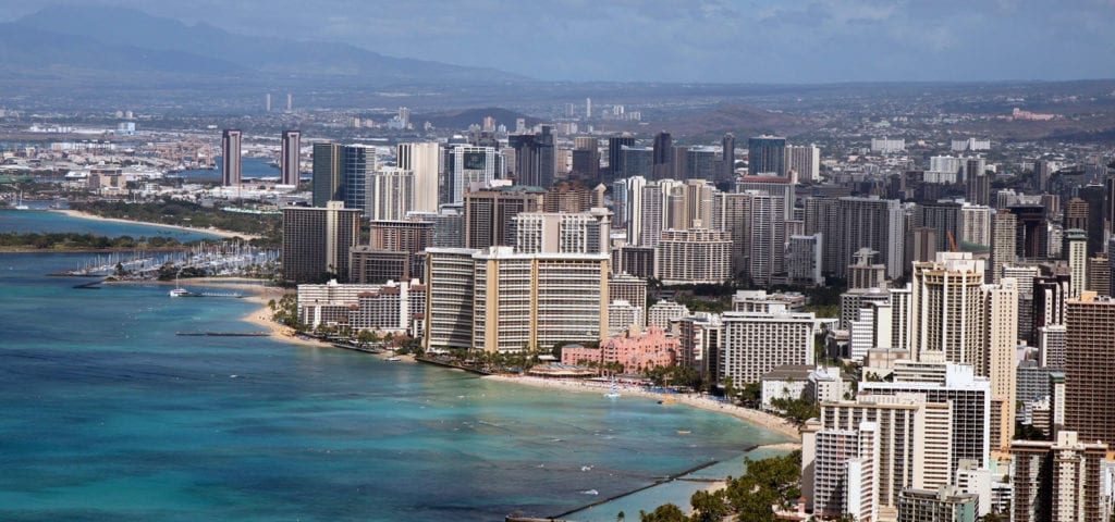 Bird's eye view of Waikiki Beach in Honolulu, Hawaii.